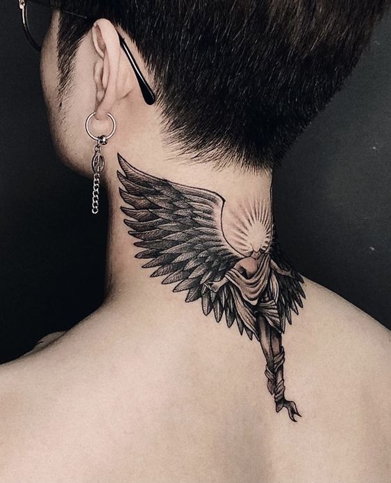 angel gangster side neck tattoos for guys - angel neck tattoo designs