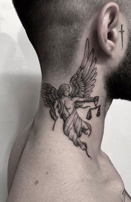 angel gangster side neck tattoos for guys - angel neck tattoo designs