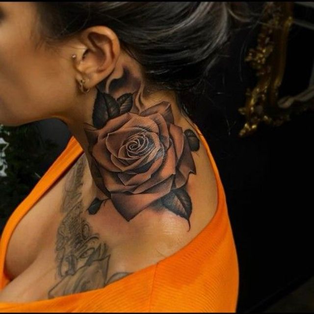 rose womens side neck tattoos - side neck tattoos for females