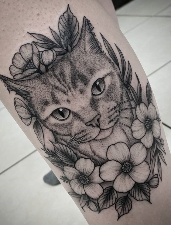 Cat Tattoos with Flowers - cat tattoo ideas