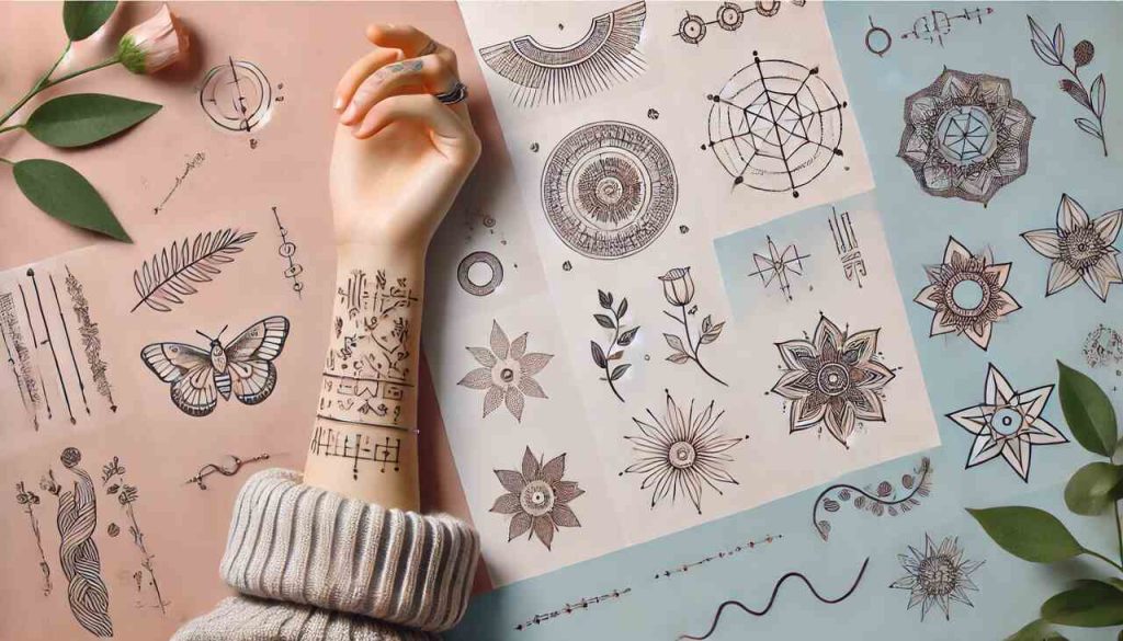 Variety of small tattoo designs on different body parts like wrist, ankle, and behind the ear, featuring minimalist symbols, geometric patterns, and tiny floral art.