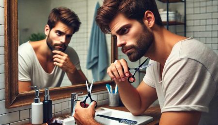 Person looking into a mirror with scissors in hand, carefully cutting their own hair. Step-by-step tools and tips for a DIY haircut are displayed around them.