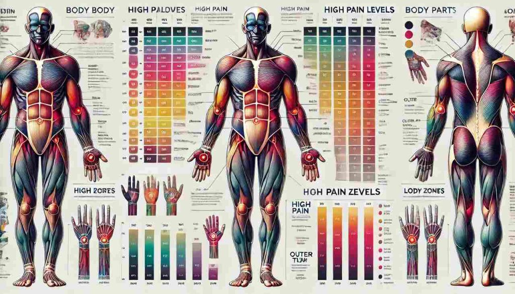 Tattoo pain chart displaying different body parts color-coded by pain levels, ranging from mild to intense pain, with areas like the ribs, spine, and feet marked as high pain, and areas like the upper arm and thigh marked as low pain.