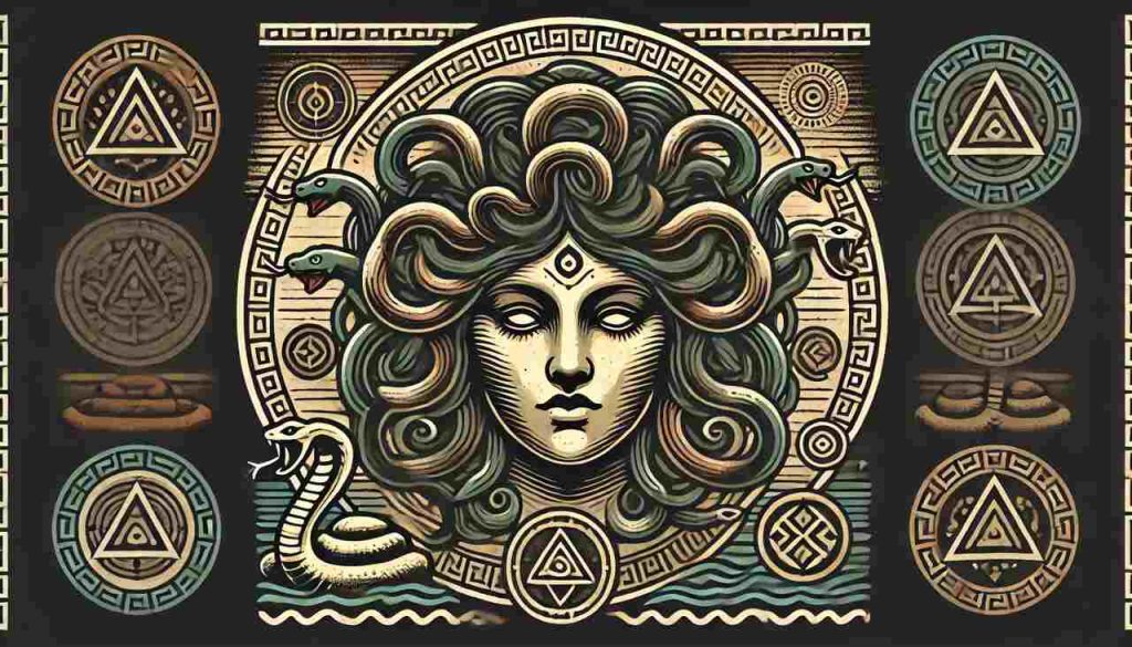 Stylized representation of Medusa as a tattoo, featuring snakes for hair and a face that symbolizes both beauty and menace, with ancient Greek patterns in the background. The design emphasizes transformation, empowerment, and cultural significance, using dark and earthy tones.