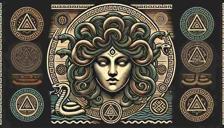 Understanding the Medusa Tattoo Meaning – Symbolism, History, and Cultural Significance Stylized representation of Medusa as a tattoo, featuring snakes for hair and a face that symbolizes both beauty and menace, with ancient Greek patterns in the background. The design emphasizes transformation, empowerment, and cultural significance, using dark and earthy tones.
