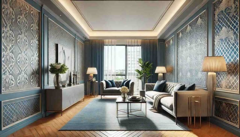 Transform Your Space with Blue Wallpaper Stylish room with elegant blue wallpaper creating a serene atmosphere.