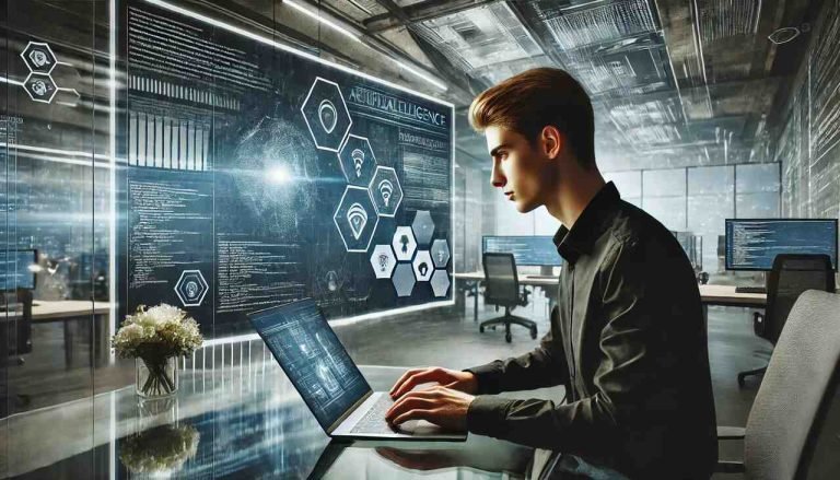 Accelerating Your Journey to a High-Paying Tech Job A tech professional working on a laptop with futuristic coding and AI visuals in a modern office.