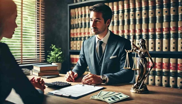 Breaking Down the Costs of Hiring a Workers’ Compensation Lawyer A professional workers' compensation lawyer discussing legal fees with a client in an office setting, with legal documents, a calculator, and a scale of justice on the desk.