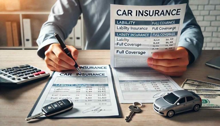 Comparing Liability and Full Coverage Car Insurance Options Person comparing liability and full coverage car insurance documents with a pen, car key, and calculator.