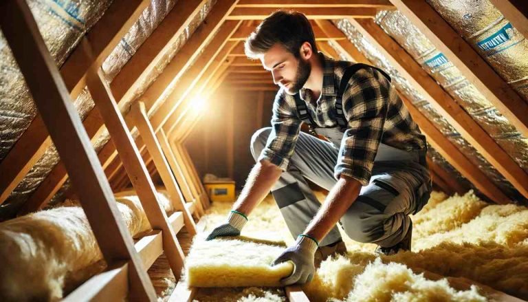 How Attic Insulation Professionals Enhance Year-Round Comfort in Your Home? A professional installing attic insulation to improve home energy efficiency and year-round comfort.