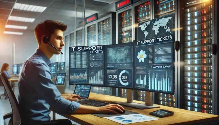 How Managed IT Services Improve IT Support Ticket Resolution? An IT support professional resolving a service ticket on a computer, ensuring efficient IT management.
