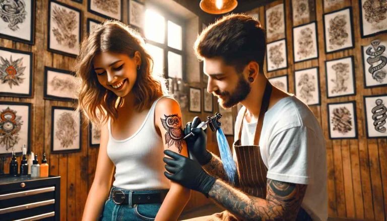 How Tattoo Shops are Contributing to Body Positivity and Self-Expression? A tattoo artist carefully inking a design on a client’s arm, symbolizing self-expression and body positivity.
