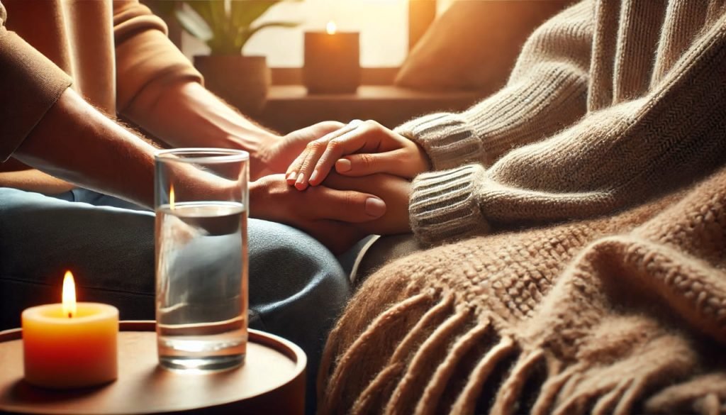 How To Support A Loved One Through An Alcohol Detox Person providing emotional support to a loved one during alcohol detox in a calm, supportive setting. Now, I'll generate the featured image.