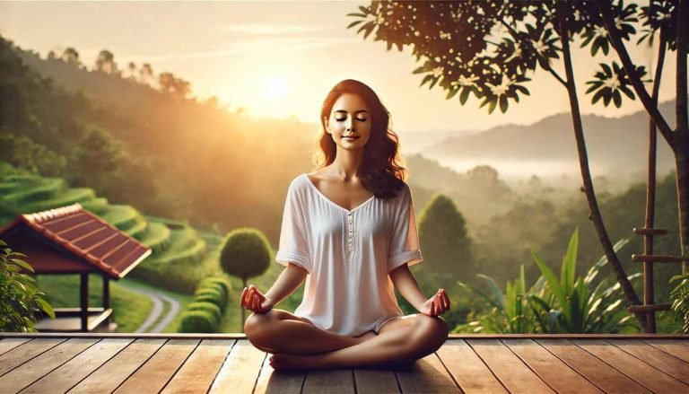 A serene woman practicing mindfulness meditation in a peaceful outdoor setting, promoting mental wellness and balance.