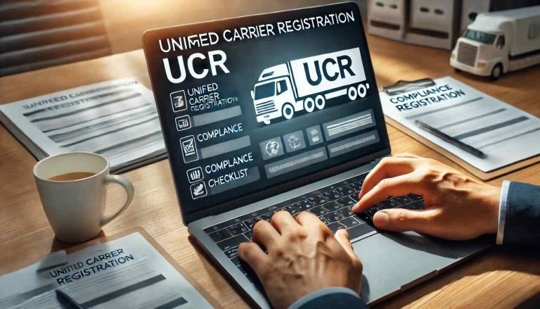 Step-by-Step Guide to Filing Your Unified Carrier Registration A person filling out a Unified Carrier Registration (UCR) form on a laptop, ensuring compliance with federal trucking regulations.