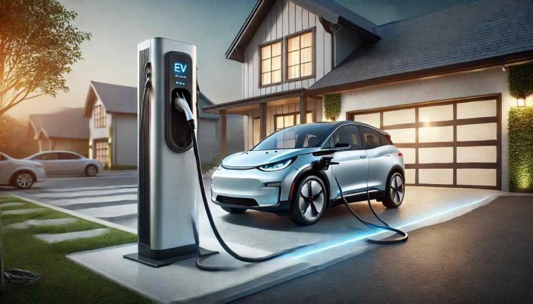 The Benefits of Installing a Home EV Charger for Your Electric Vehicle An electric vehicle charging at a home EV charger, highlighting convenience and cost savings.