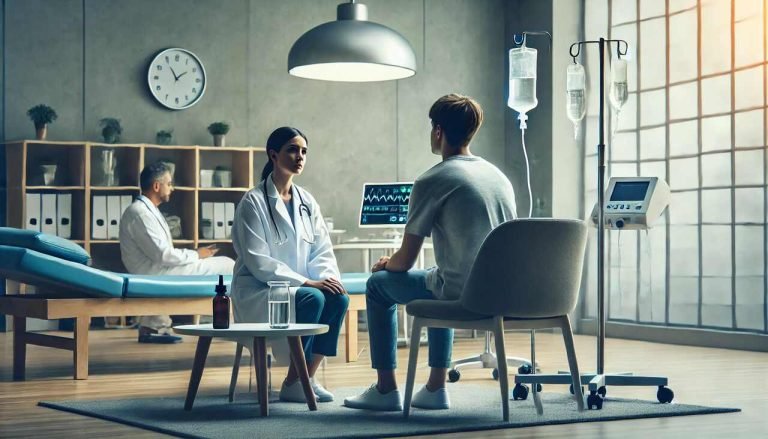 The Role of Detoxification in Alcohol Rehab Centers A medical professional assisting a patient in an alcohol rehab center during the detoxification process.