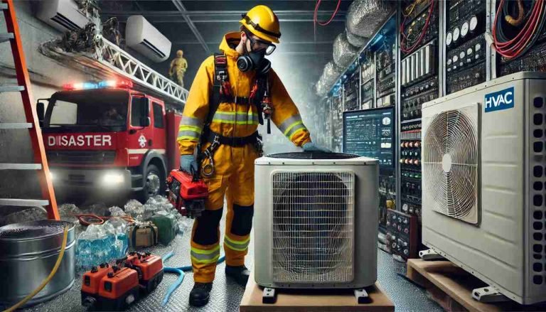 An HVAC professional inspecting and repairing a heating and cooling system to ensure emergency preparedness and disaster recovery.