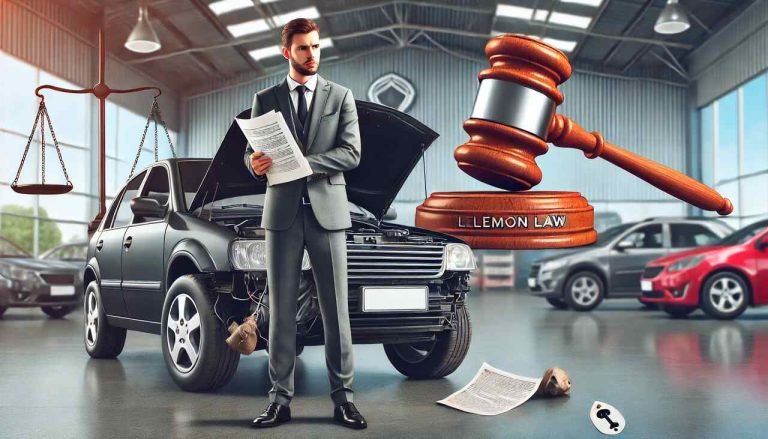 Navigating the World of Lemon Law: Key Insights for Car Buyers Frustrated car buyer with a defective vehicle and legal documents representing Lemon Law.