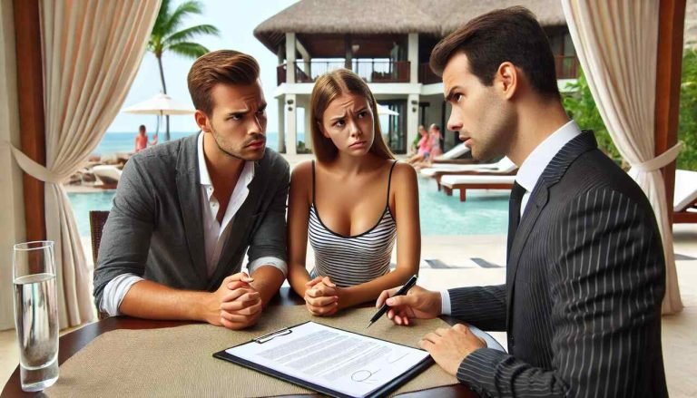 Timeshare Troubles: What You Need to Know Before Signing the Dotted Line Couple worriedly reviewing a timeshare contract with a salesperson at a resort.