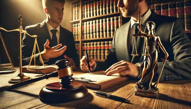 Top Factors Influencing Personal Injury Case Outcomes A lawyer and client discussing a personal injury case with legal documents and a judge’s gavel on the table.