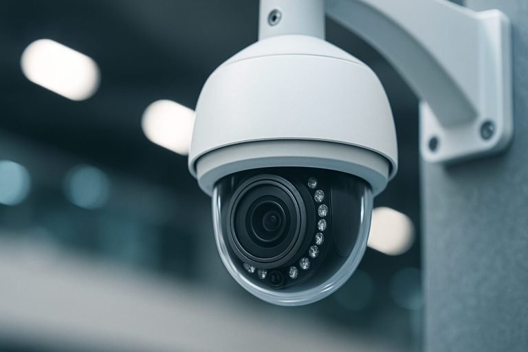 How AI-Powered Security Camera Systems Are Revolutionizing Business Protection AI-powered security camera close-up in business environment.