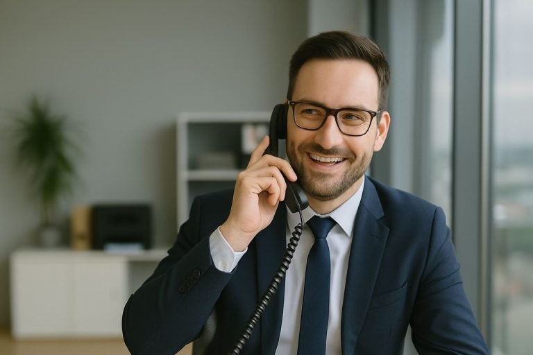 Everything You Need to Know About How Your Business Phone Etiquette Impacts Sales Smiling businessman on office phone with article title centered.