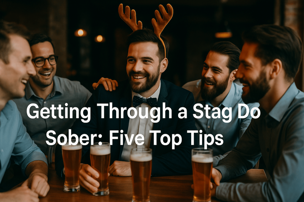 Getting Through a Stag Do Sober: Five Top Tips Sober man at stag do smiling with friends at a pub.