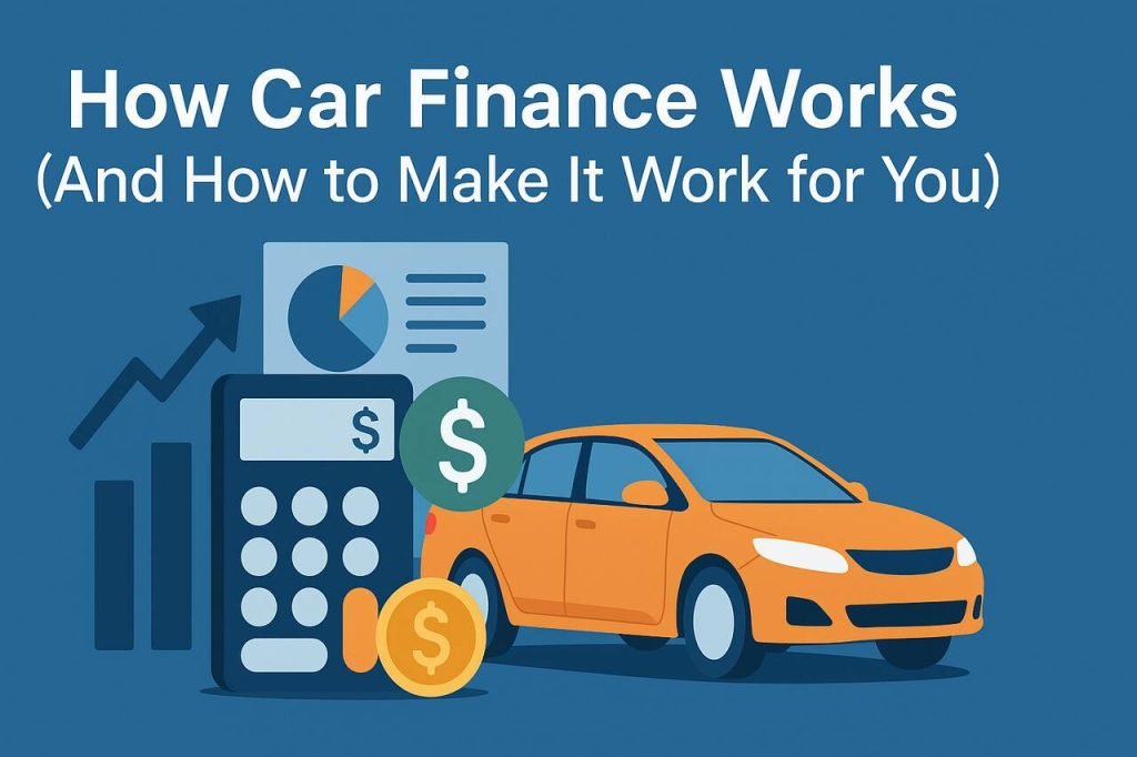 How Car Finance Works (And How to Make It Work for You) Car with calculator and financial symbols illustrating auto finance concepts.