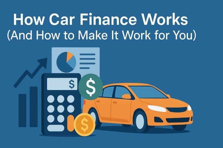 How Car Finance Works (And How to Make It Work for You) Car with calculator and financial symbols illustrating auto finance concepts.