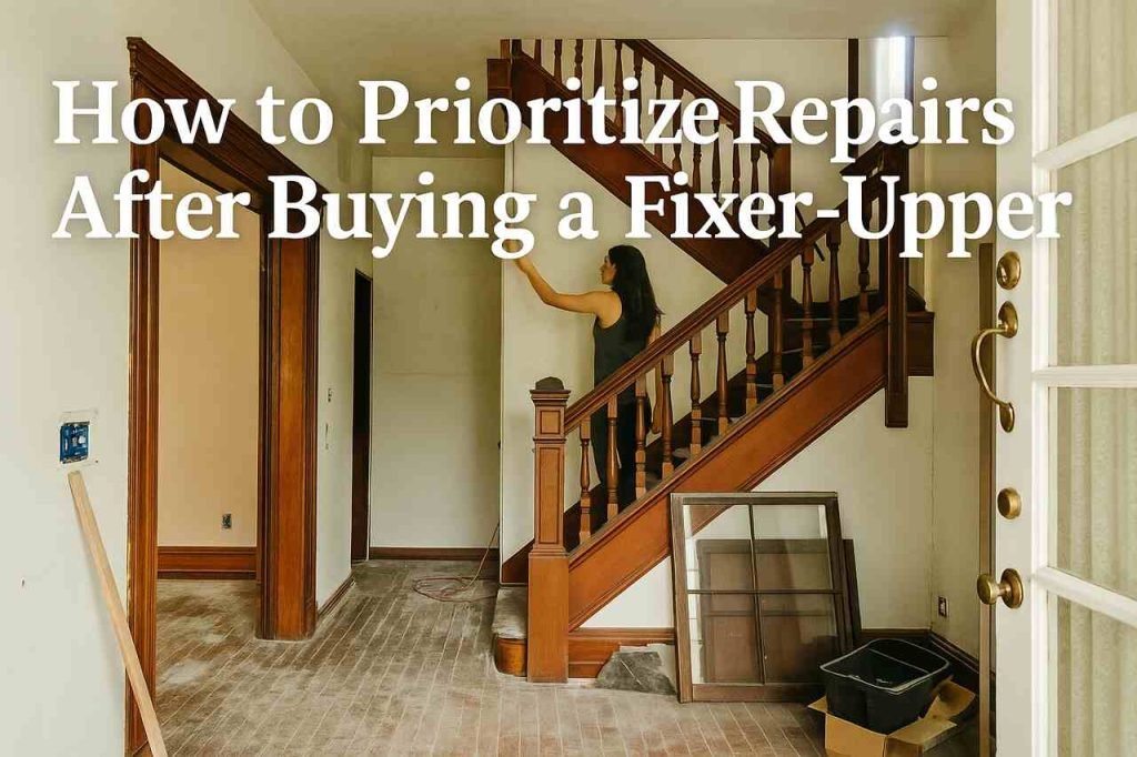 How to Prioritize Repairs After Buying a Fixer-Upper Woman repairing staircase in a fixer-upper home renovation scene.