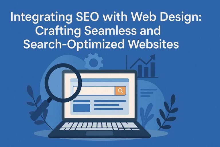 Integrating SEO with Web Design: Crafting Seamless and Search-Optimized Websites SEO and web design integration concept with laptop, magnifying glass, and graphs.