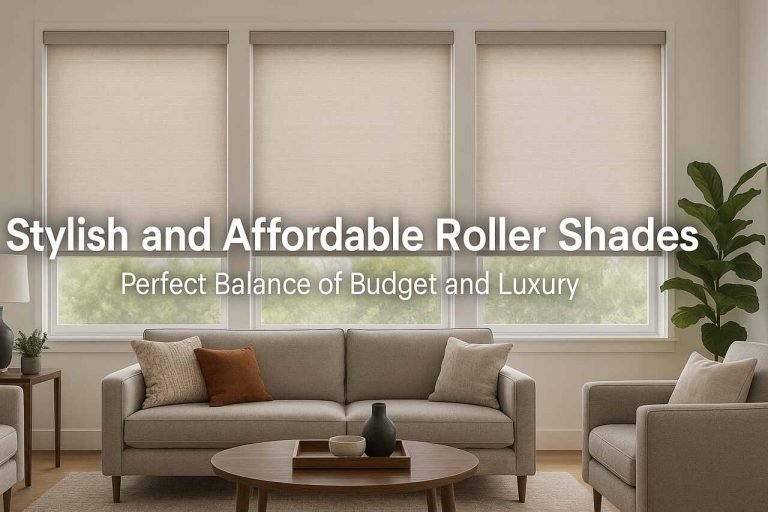 Stylish and Affordable Roller Shades: Perfect Balance of Budget and Luxury Beige roller shades in a stylish, budget-friendly modern living room.