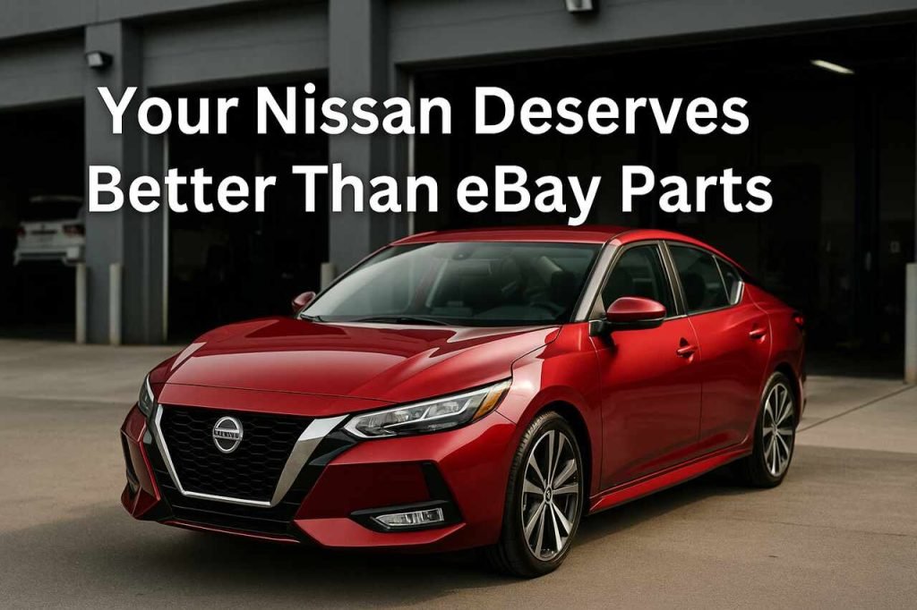 Your Nissan Deserves Better Than eBay Parts Red Nissan sedan in front of repair shop with title text overlay.