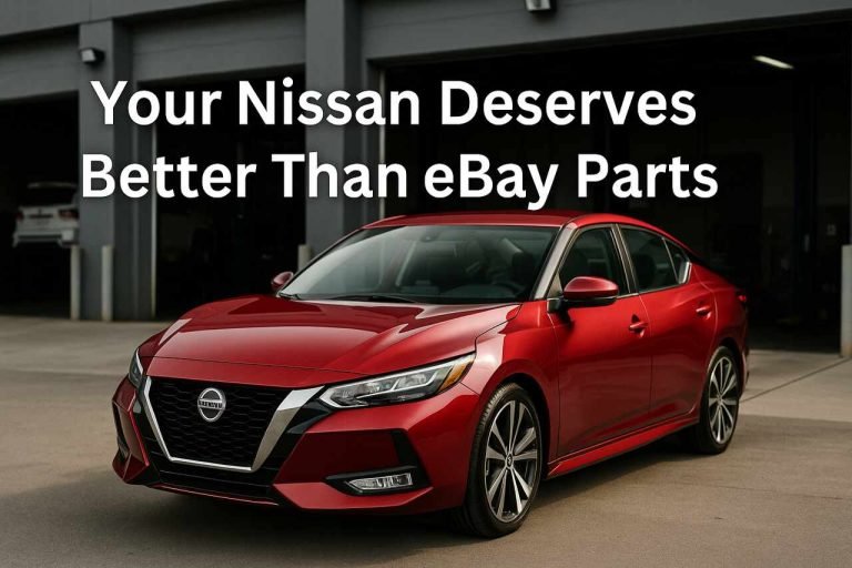 Your Nissan Deserves Better Than eBay Parts Red Nissan sedan in front of repair shop with title text overlay.