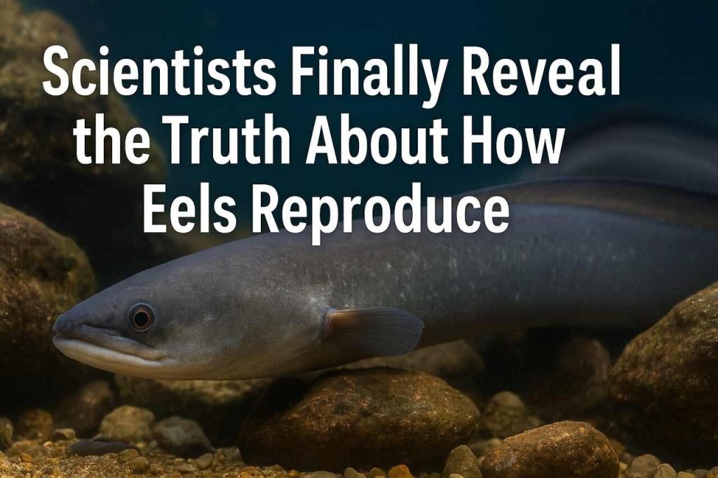 Scientists Finally Reveal the Truth About How Eels Reproduce European eel swimming in rocky underwater scene.
