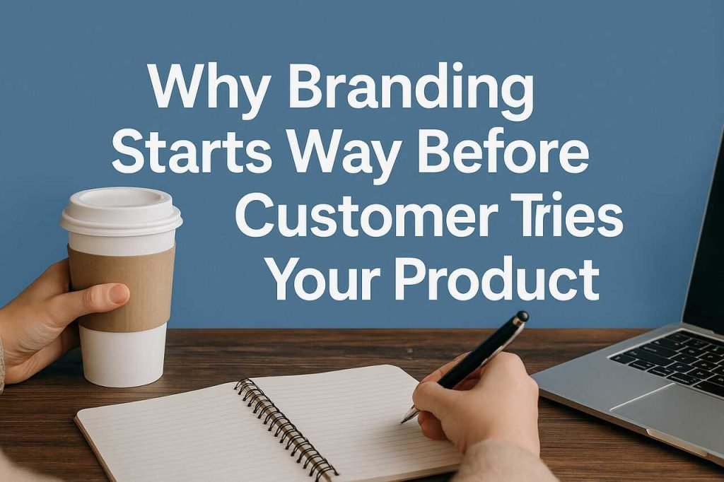 Why Branding Starts Way Before the Customer Tries Your Product Person writing in a notebook with coffee and laptop, branding quote in background.
