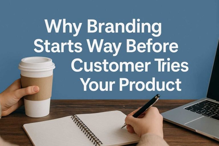 Why Branding Starts Way Before the Customer Tries Your Product Person writing in a notebook with coffee and laptop, branding quote in background.