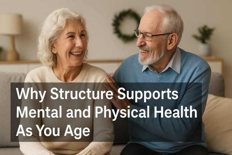 Why Structure Supports Mental and Physical Health As You Age Happy elderly couple sitting and smiling in a cozy home setting.
