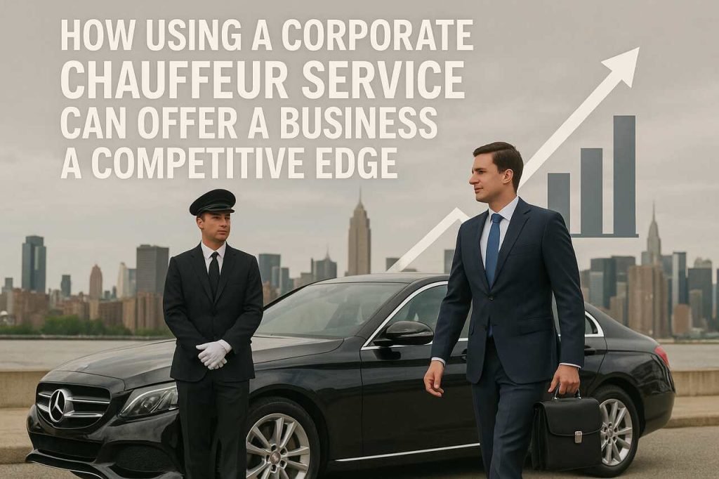 How Using a Corporate Chauffeur Service Can Offer a Business a Competitive Edge Businessman and chauffeur beside luxury car with city skyline and growth chart.