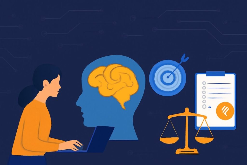 Potential Career Tracks with a Master of Science in Forensic Psychology A digital illustration showing a human profile with a brain, symbols of forensic psychology career paths like a target, clipboard, scales of justice, and a woman working at a desk.
