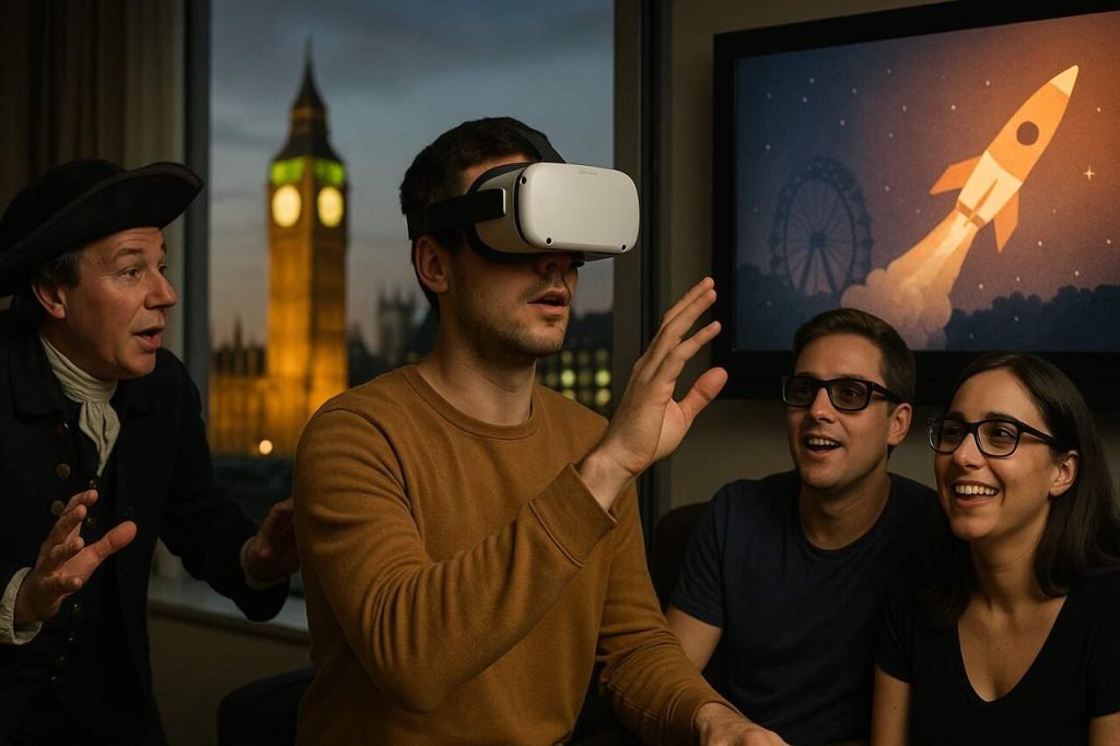 People experiencing VR, 3D cinema, and historical reenactment in London at sunset.