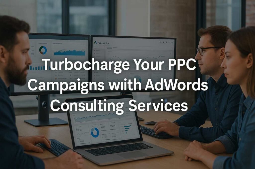 Team reviewing PPC performance metrics with AdWords dashboard