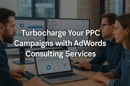 Team reviewing PPC performance metrics with AdWords dashboard