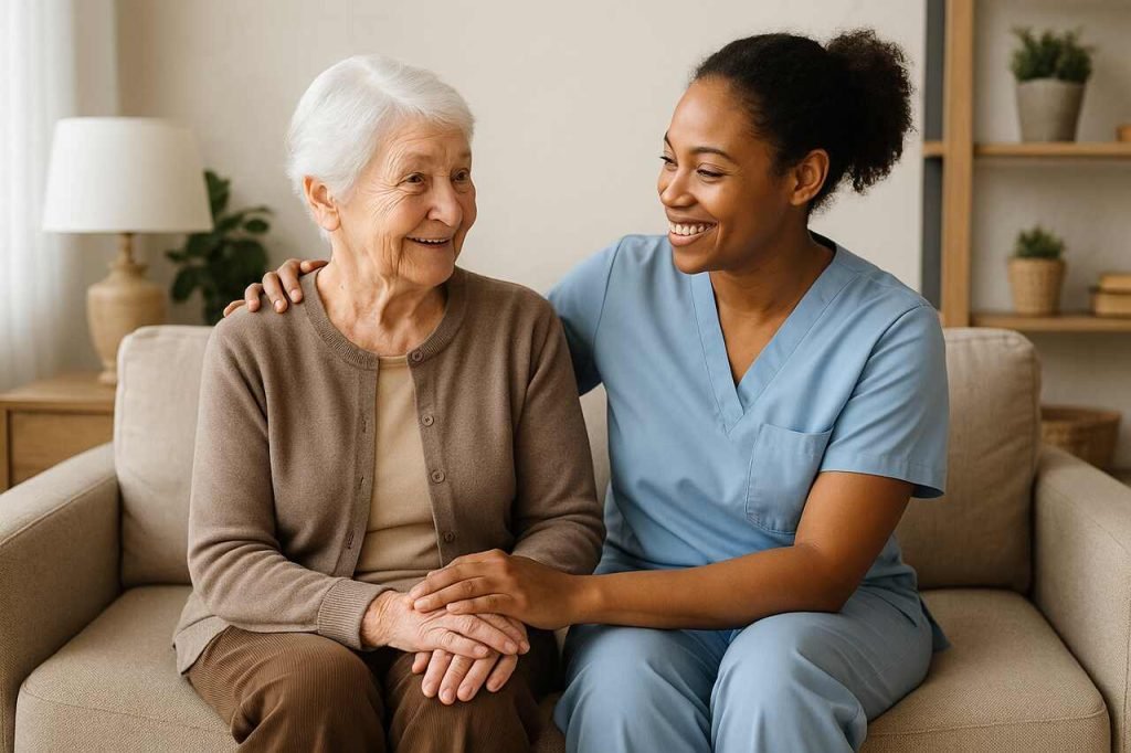 Caregiver comforting senior woman in cozy home setting.