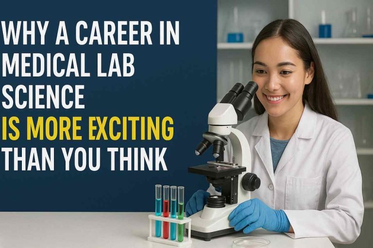 Female medical lab scientist using microscope in modern lab with test tubes.