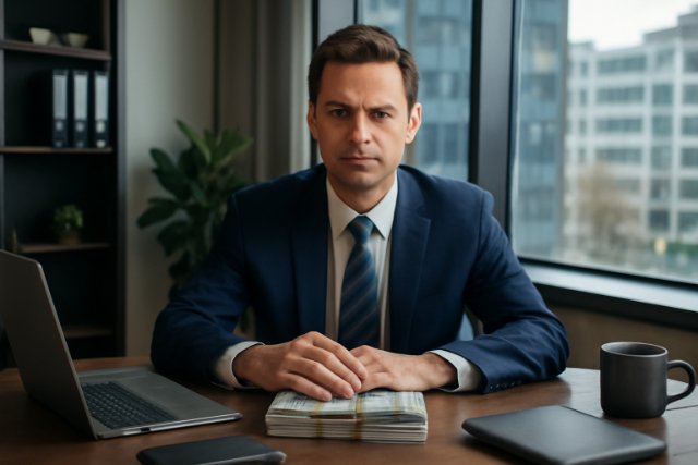 "Businessman in a navy blue suit sitting at a modern desk with U.S. dollar bills stacked in front, a laptop, and a notebook in a sleek office with an urban view."
