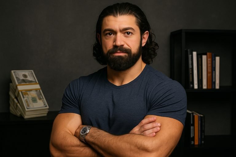 Alex Hormozi Net Worth: Business Ventures, Wealth Strategies, and Growth Lessons Alex Hormozi standing confidently with arms crossed in front of money and bookshelf.