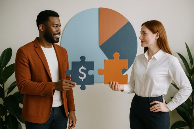 Business partners exchanging equity puzzle pieces in front of a pie chart.