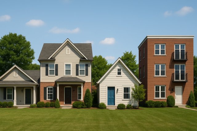 Realistic photo of diverse residential homes in a property portfolio.